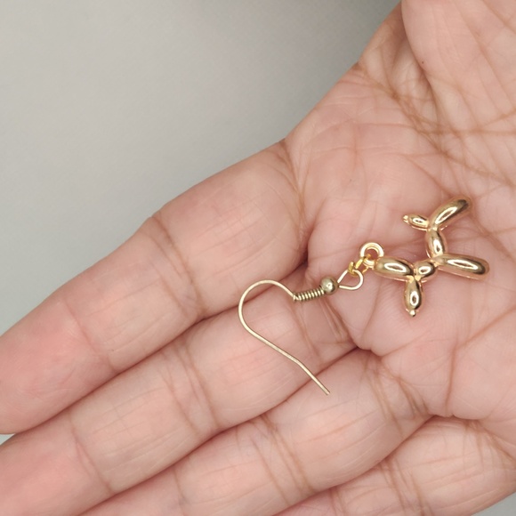 Handmade gold balloon dog earrings - Picture 3 of 3